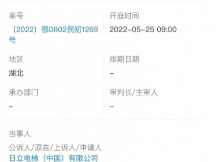 日立電梯新增1則開庭公告，案由系與荊門俊幫置業(yè)買賣合同糾紛