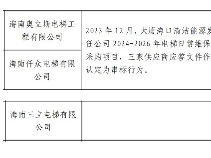 三家電梯公司參與電梯維保采購項目被認定串標，中國大唐集團無限期取消采購活動參與資格