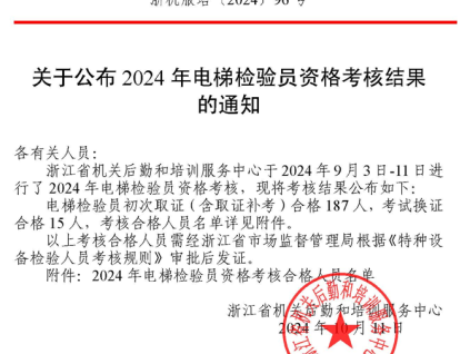 浙江公布2024年電梯檢驗員資格考核結果，202人考核合格（附名單）
