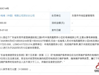 蒂升電梯深圳分公司僅一人對2臺電梯完成維護保養(yǎng) 被罰款3萬元