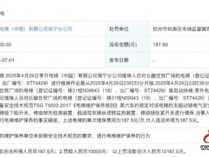 蒂升電梯南寧分公司未按技術(shù)規(guī)范進(jìn)行電梯維保 罰款1萬元