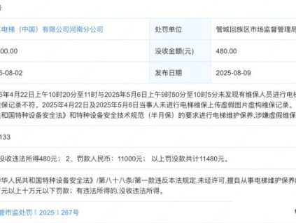 日立電梯河南分公司虛構(gòu)維保記錄罰款1.1萬(wàn)元