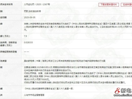 奧的斯電梯浙江分公司因維保違規(guī) 被罰7.5萬(wàn)元并沒(méi)收違法所得283.33元